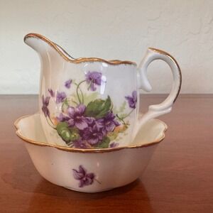 Jason Bone China Creamer Sugar Bowl Set Purple Violets Gold Trim J557 England